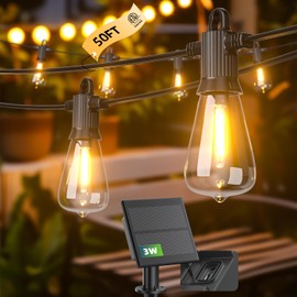 Kawaya-Solar-String-Lights-Outdoor, 50 FT Patio Lights with USB Charging, IP65 Waterproof Outside Hanging Lights, 25+2 Shatterproof LED Edison Bulbs Bistro Lights for Yard Porch Balcony Cafe Party