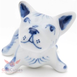 Gzhel Porcelain French Bulldog puppy Dog Figurine handmade