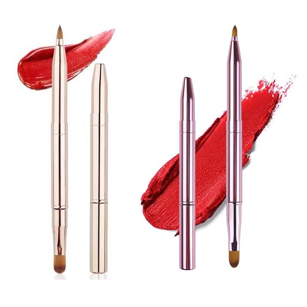 2Pcs Gold and Bright Pink Double-ended Lip Makeup Brush, Retractable