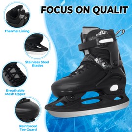 Nattork Ice Skates 4 Sizes Adjustable for Kids Boys Girls, Fun Beginner Ice Skating for Outdoor, Soft and Comfortable Hard Protection for Teen Age 11 12 13 14 Black