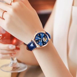 OLEVS Watches for Women Automatic Mechanical Ladies Watch Leather Strap Self-Winding reloj para Mujer Diamond Heart dial Waterproof Luminous red Female Watch Blue