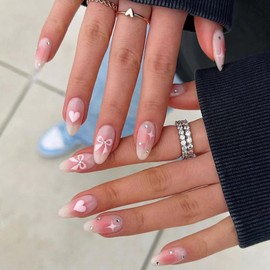 24 Stück Mandelförmige Press-On Nägel: Lange Fake nägel mit Herz, Schleife, Glitzer & Strass-Design – Wiederverwendbare Acryl-Klebe-Nägel für DIY Maniküre (Pink, Valentinstag)