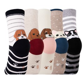 KONY 5 Pack Women's Cute Animal Socks Cotton Cat Dog Duck Patterned Novelty Fun Crew Socks Gift Size 6-9 (Cute Dogs)