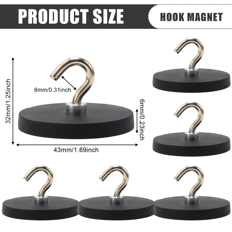 Aicharynic Pack of 6 Magnetic Hooks, Black, 43 mm Thick