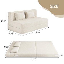 Luoxiao Folding Sofa Bed Convertible Sleeper Chair Full Size with Pillows, Foldable Futon Lazy Floor Sofa Bed, Portable Fold Out Chair Bed for Living Room/Dorm/Guest Room, Washable Cover, Off White