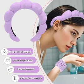 Spa Headbands for Women, 1 Makeup Headband and 2 Wrist Wash Band and 2 Hair Ties and 1 Hair Claw Clip Set for Face Washing, Skin Care, Shower, Makeup Removal (Purple)