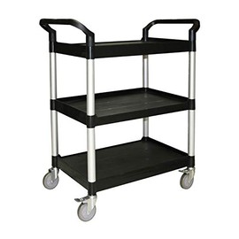 Thunder Group PLBC3316B Bus Cart, 33-1/2" x 16-1/8" x 37", 176 lb. Load Capacity, 3-Tier Shelving, Open Design, 2 Handles, 4 Swivel casters: 2 with Brakes, Plastic, Black, KD