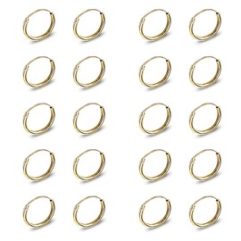 Yellow Gold Flashed Sterling Silver Small Endless 10mm Round Unisex Hoop Earrings, Set of 10 Pairs