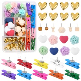 66 PCS Decorative Push Pins Colorful & Gold Heart,Cute Flower Thumb Tacks and Push Pin Clips for Cork Board Wall Cubicle Accessories Home Office