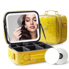 MOMIRA Travel Makeup Bag Cosmetic Bag with Lighted Mirror, Adjustable Brightness in 3 Color Scenarios/Detachable makeup mirror, 2024-All-round Upgrade, Waterproof, Gift for Women -Glett Yellow