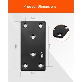Gorffy 10Pcs Flat Brackets for Wood, 80 × 40 × 1.75mm Flat Joining Plates, Sleeper Bracket Heavy Duty, Stainless Steel Mending Plates for Connector, Metal Brackets for Wood Fixing (Black)