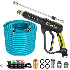 POHIR Powerwashing Gun and 50FT Pressure Washer Hose,3600 PSI Pressure Water Gun With 15in Wand,7 Nozzle Set For Car Washing,Durable Cleaning Tool - Color: Pressure Washer Gun and 50FT lightblue Hose Kit