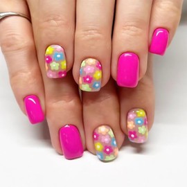 Tyuimhx Colorful Flowers Press on Nails Short Square Fake Nails Pink False Nails With Floral Designs Full Cover Stick on Nails Acrylic Spring Summer Artificial Nails for Women Glue on Nails 24 Pcs