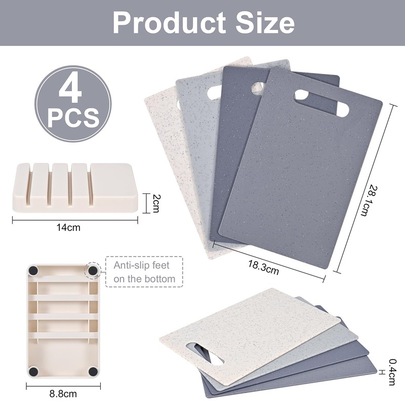 Set of 4 chopping boards with base, double-sided plastic chopping