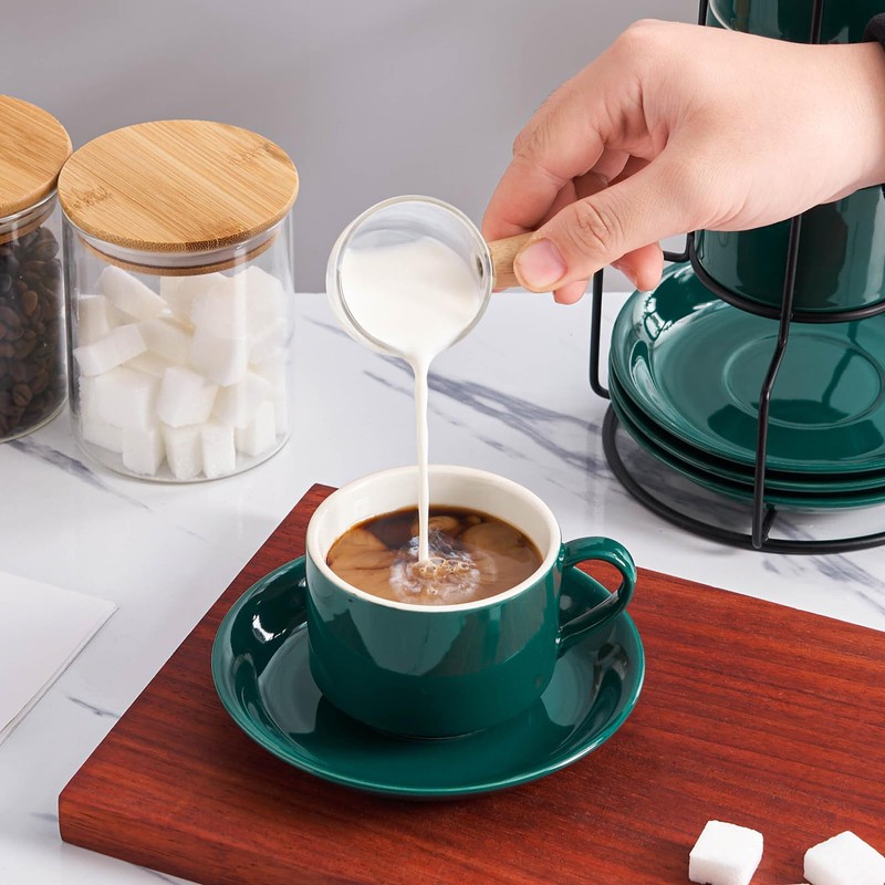 YOLIFE 8oz Porcelain Stackable Cappuccino Cups with Saucers and Metal