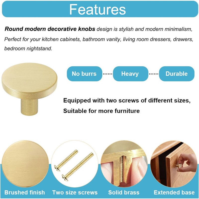 YEWLACA Brushed Brass Cabinet Knobs 1-5/16-Inch Diameter Dresser Drawer Pulls,
