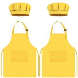 TOPWAYS Kids Apron and Chef Hat Set, kids Aprons for Cooking 2 Pack, Adjustable Toddle Kitchen Chef Apron, Kids Artist Painting Apron Bib with Two Pockets for Kids 3 4 5 6 years (2 x yellow, L)