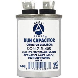 Appli Parts Run Capacitor for ac 7.5 Mfd uF (microfarads) 370 VAC or 450 VAC CBB65 Round Universal fit for hvac and other applications 2-1/2 in High 1-1/2 in Wide CON-7.5-450