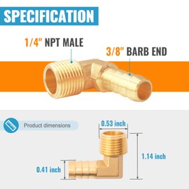 SUNGATOR 3/8" Barb x 1/4" NPT Male Elbow Barb Fittings, 90 Degree Air Hose Fittings with 2 Hose Clamps, Elbow 3/8 Inch to 1/4 Inch Air Hose Repair Adapters for Fuel, Water, Oil, Gas (2 Pack)
