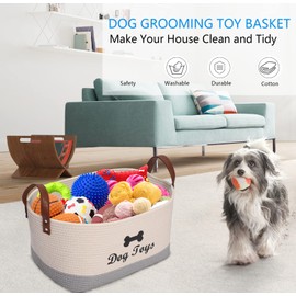 Large cotton dog toy basket, 16.5"x10.6"x 7.5" puppy toy basket, puppy bins, pet organizer, laundry basket storage bin - Perfect for organizing pet toys, blankets, leashes, coat and stuff - Beige Gray