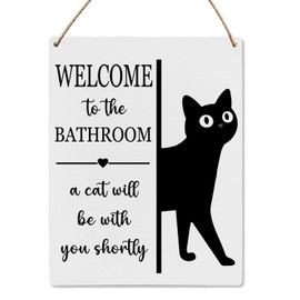 UYIKG Funny Bathroom Black Cat Wall Decor Wood Hanging Sign,Welcome To The Bathroom a Cat Will Be With You Shortly Sign,8x10 inches