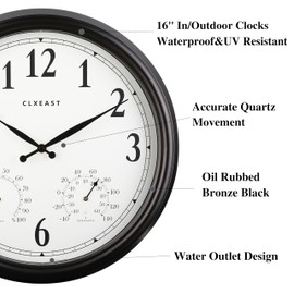 CLXEAST Indoor Outdoor Clocks Waterproof 16 Inch, Large Outdoor Clock with Temperature and Humidity for Patio,Porch,Pool,Oil Rubbed Bronze Black Finish,House Warming Gifts New Home