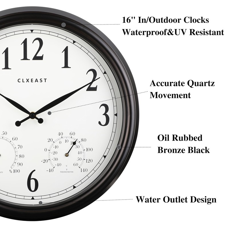 CLXEAST 16" Outdoor Clocks Waterproof with Thermometer & Hygrometer,Black