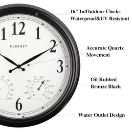 CLXEAST 16" Outdoor Clocks Waterproof with Thermometer & Hygrometer,Black
