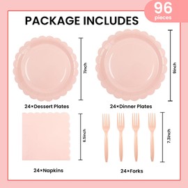 96PCS Pink Paper Plates and Napkins, 24 Guest Light Pink Disposable Tableware Set Include Scalloped Paper Plates Napkins and Forks Decoration Party Supplies for Baby Shower Wedding Birthday