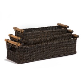 The Basket Lady Long Narrow Pole Handle Wicker Basket, Medium, 19 in L x 7 in W x 5.5 in H, Antique Walnut Brown