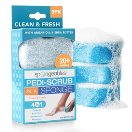 Spongeables Pedi-Scrub Foot Buffer, Clean & Fresh Scent, Contains Shea Butter and Tea Tree Oil, Foot Exfoliating Sponge with Heel Buffer and Pedicure Oil, 20+ Washes, Pack of 3