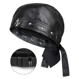 NTAWYT Leather Head Wrap Biker Skull Cap Adjustable Motorcycle Cap Do Rag Bandana Black