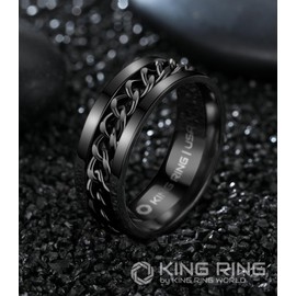 King Ring 8mm Black Spinner Ring – Fine Polished Flat Fidget Ring for Men & Women with Cuban Chain, Stainless Steel Ring – Black 12