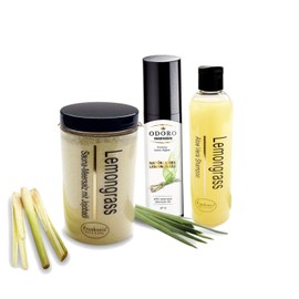 Odoro Essenzen 3-Piece Sauna Set Spring Magic - Sauna Infusion Fragrance Natural Lemongrass - 100% Essential Oils - Sauna Salt Peeling Lemongrass - Body Scrub - Shampoo Lemongrass Aloe Vera