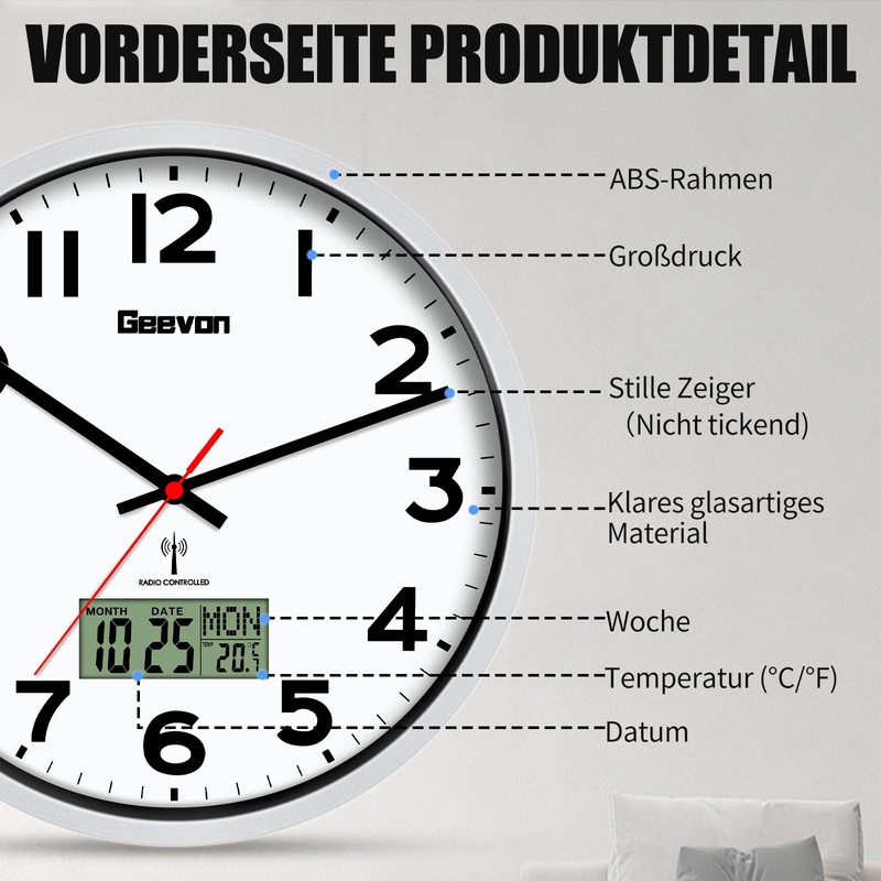 Geevon DCF Wall Clock without Ticking Noise, 12 Inch Radio-Controlled