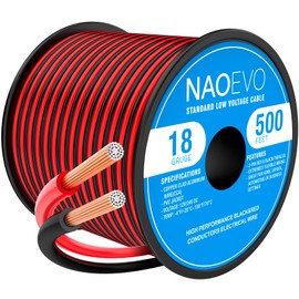 NAOEVO 18 Gauge Wire 500FT, 2 Conductors Electrical Wire Red Black Cable, Flexible/Low Voltage/PVC 18 AWG Copper Clad Aluminum Extension Cord for Speaker, LED Strips, Automotive 12V/24V DC