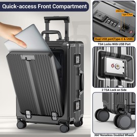 Ladplay Portable Carry on Luggage Airline Approved, Expandable Luggage for Trips, Practical Suitcase with Front Pocket ＆USB Port. (01-Black)