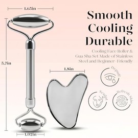 BAIMEI IcyMe Stainless Steel Gua Sha Tool & Face Roller Set | Facial Massage Tool for Face, Neck and Body, Cooling Metal Skin Care Tools for Depuffing
