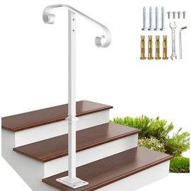 Zwinz Handrail Railing, Single Post Handrail Fits 1 or 2 Steps, Sturdy Outdoor Stair Railing for Concrete&Wooden Steps with Base, Wrought Iron Stair Handrails, Grab Rail for Steps Porch, White