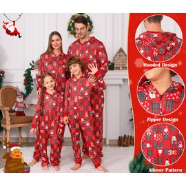 ANGELGGH Onesie Christmas Family Matching Pajamas Adult Couples Men PJs Hooded Women Novelty One-piece Sleepwear (Youth, 10-12T, Red Plaid Deer)