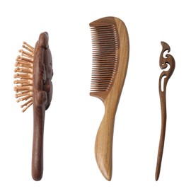 Rhinenet 3PCS Handmade Green Sandalwood Wooden Hair Comb Cute Animal Shaped Air Cushion Paddle Hair Brush Hairpin for Women Men (1pc Hairpin + 1pc Handle Comb + 1pc Rabbit Shaped Air Cushion Comb)