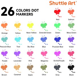 Shuttle Art Dot Marker Color Pen, Set of 26 Colors, 12ml, with Coloring Book Included, for Children, Dot Pen, Easy to Grip, Washable, Water-Based, Drawing Paper, Drawing, Graffiti, Easy to Grip, Play