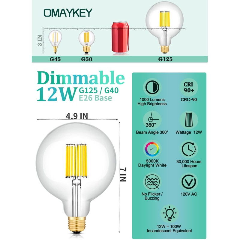 OMAYKEY 12W Dimmable Large LED Globe Bulb 100W Equivalent 1000
