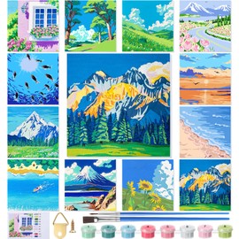 Nezyo 12 Sets Paint by Numbers Kit with Frame for Adult Beginners, DIY Acrylic Paint by Number Canvas for Painting Party, Classroom Activity Birthday Gift, 8 x 8 Inch(Scenery)