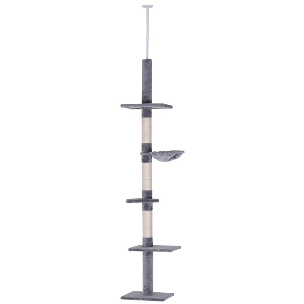 PawHut 8.5' Adjustable Height Floor-to-Ceiling Vertical Cat Tree, Gray and