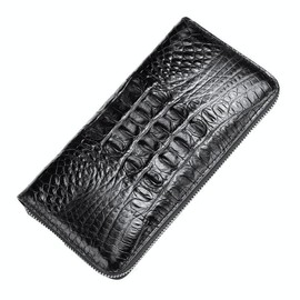 Alice Fan Luxury Genuine Crocodile Leather Skin Mens Wallet Zipper Long Wallet Men Purse Clutch Bag (Crocodile Back Black)