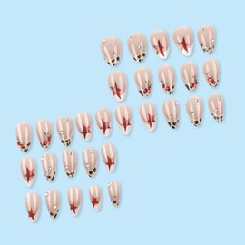 Leopard Print French Tip Press on Nails Short Fake Nails Nude Almond False Nails Press on Cherry Star Designs Glossy Rhinestones Acrylic Stick on Nails Cute Natural Nail for Women 30PCS
