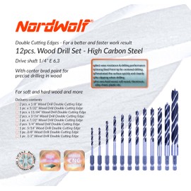 NordWolf 12-Piece Brad Point Wood Drill Bit Set for Carpenter Woodworking, Double Flutes Design with 1/4" Hex Shank, SAE Sizes 1/8" to 1/2"