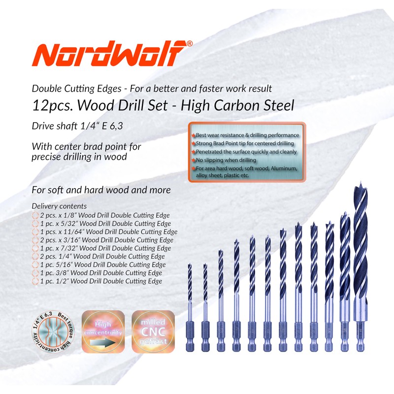 NordWolf 12-Piece Brad Point Wood Drill Bit Set for Carpenter