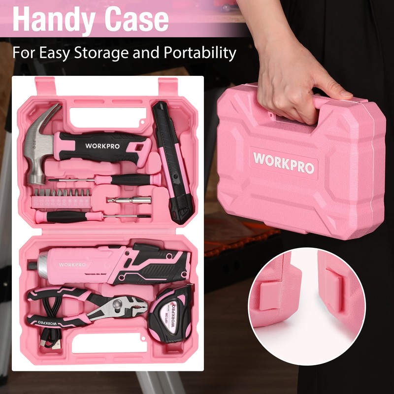 WORKPRO Pink Tool Set with 3.7V Rotatable Electric Screwdriver, 18PCS